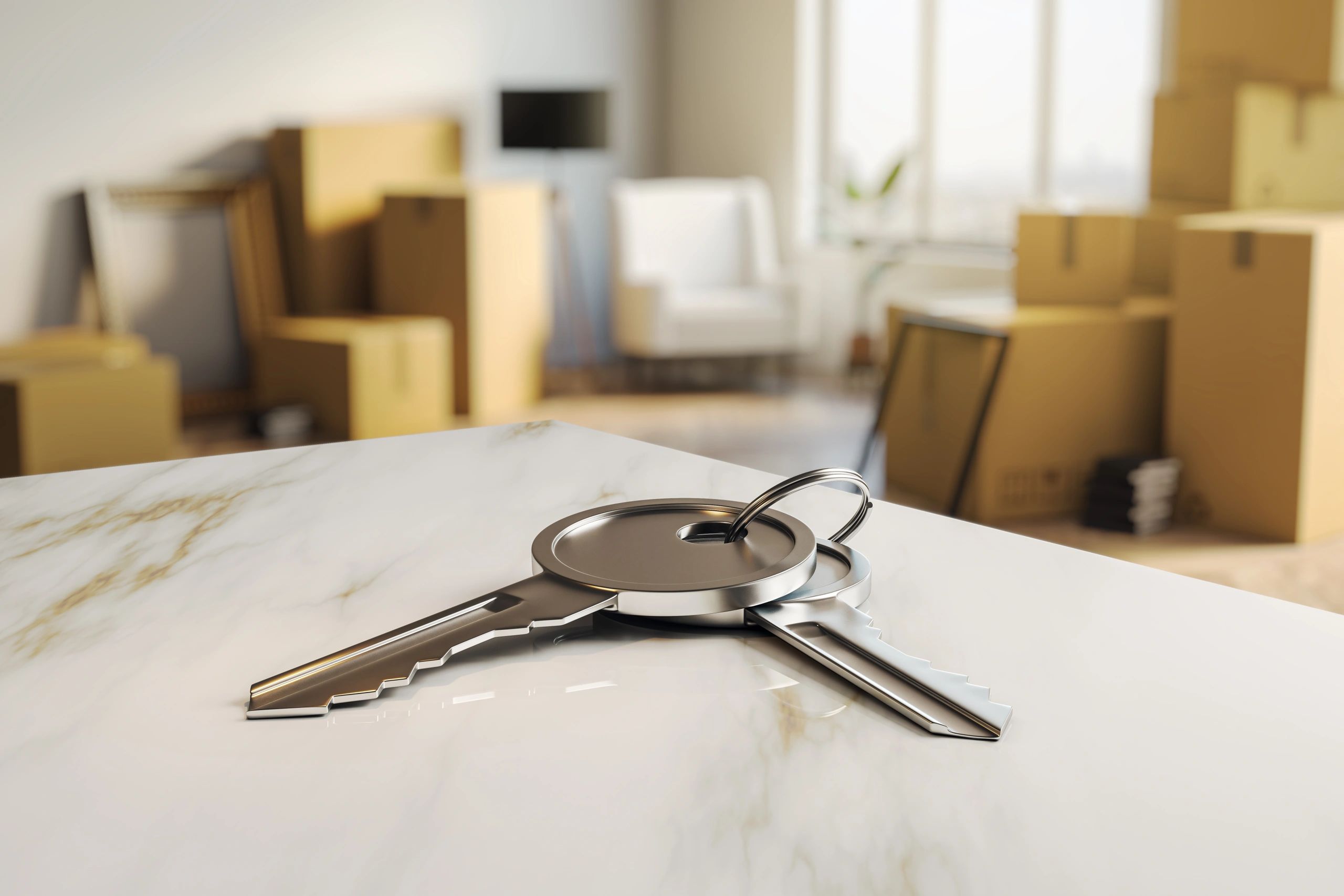 House keys on a countertop representing relocation and new beginnings